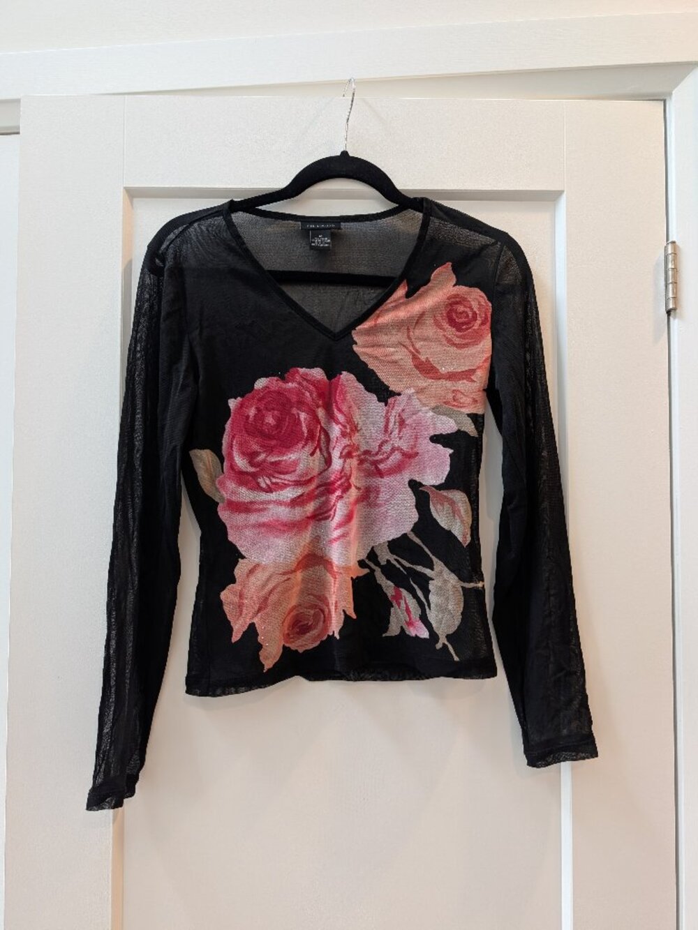The Limited Vintage Y2K Black Sheer Mesh Rose Floral Print V-Neck Top Medium